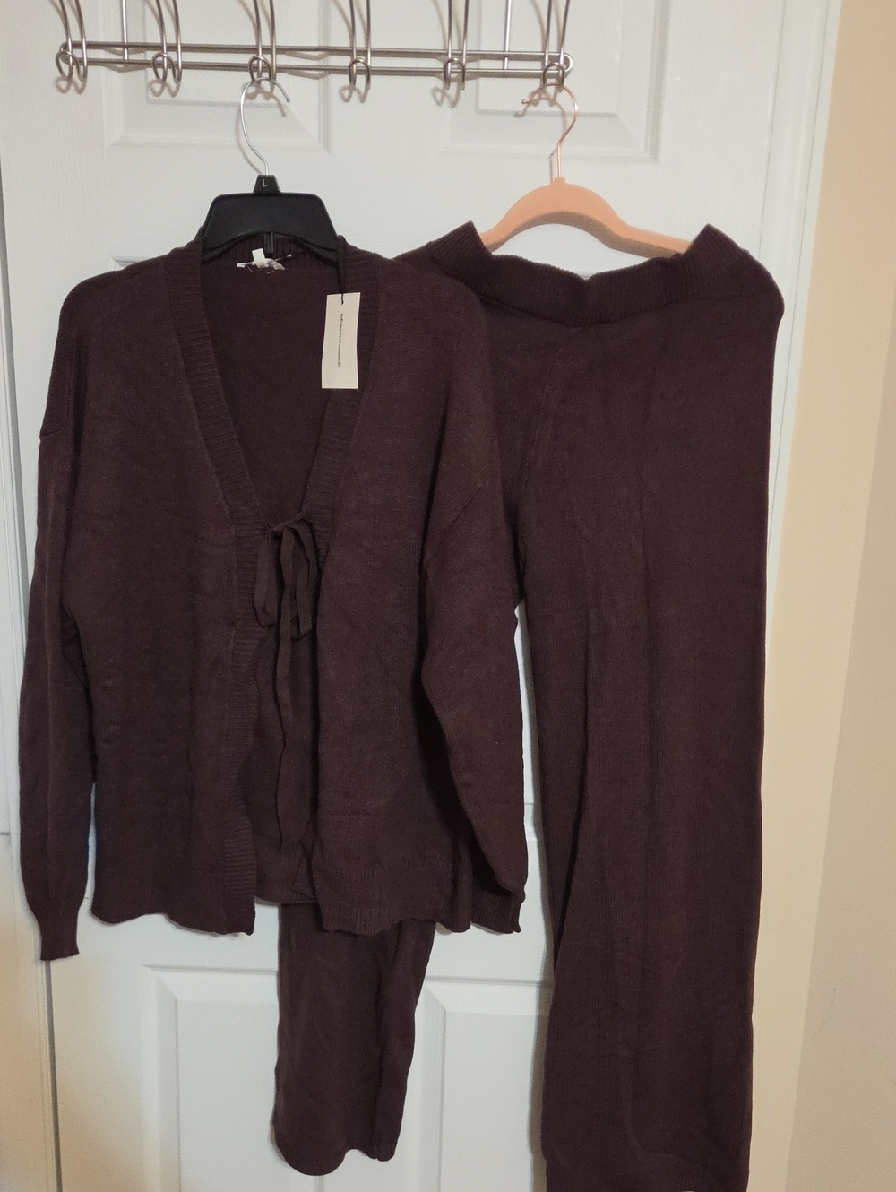 Tie-Front Knit Cardigan & Wide-Leg Pants Set - Deep Brown